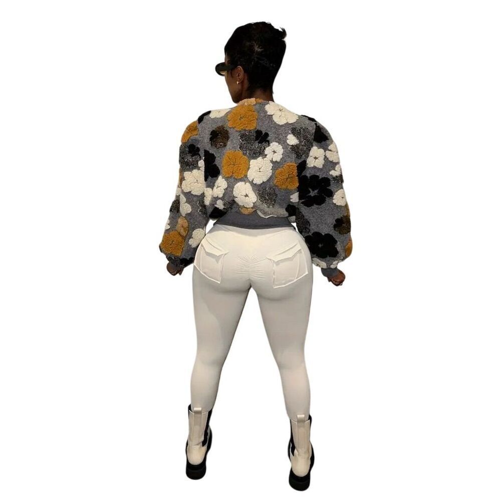 Trendy Floral Print Cropped Bomber Jacket Gray XL Fall Party Textured - Picture 7 of 15